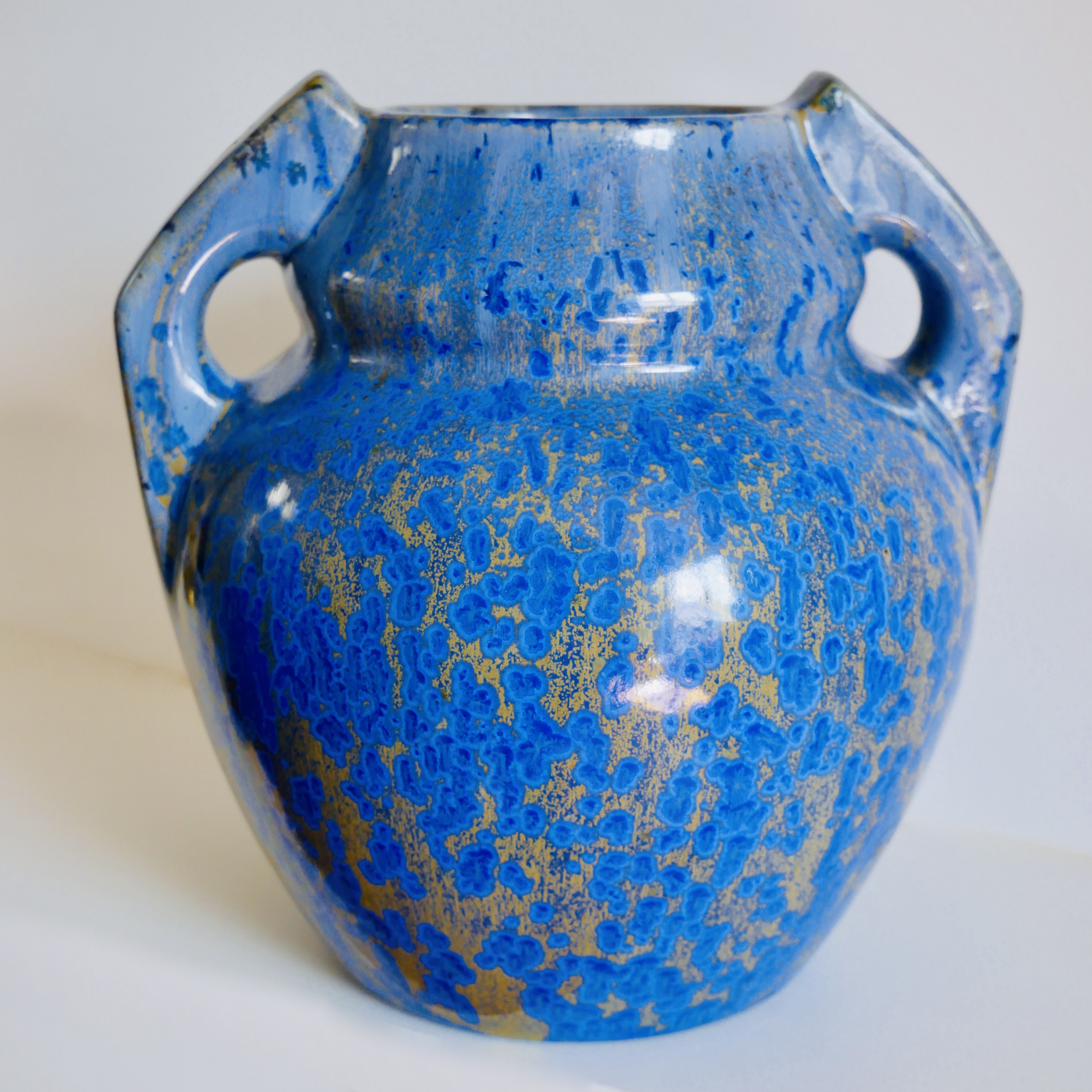 Vase Art Deco, Pierrefonds, Bleu et Or, France
