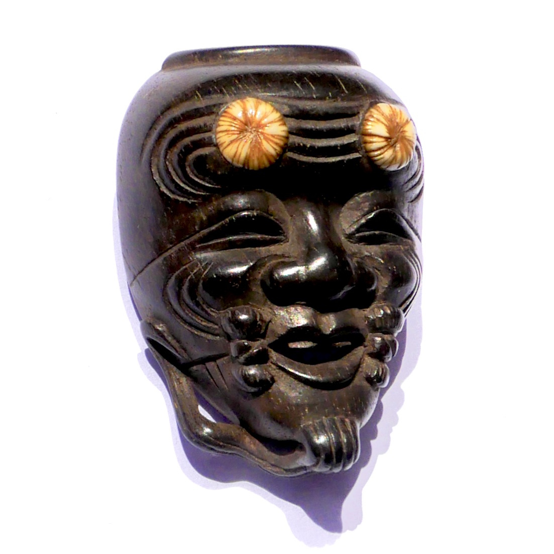 Masque Miniature Ojime, Okina, Bois, Japon, Edo - 4