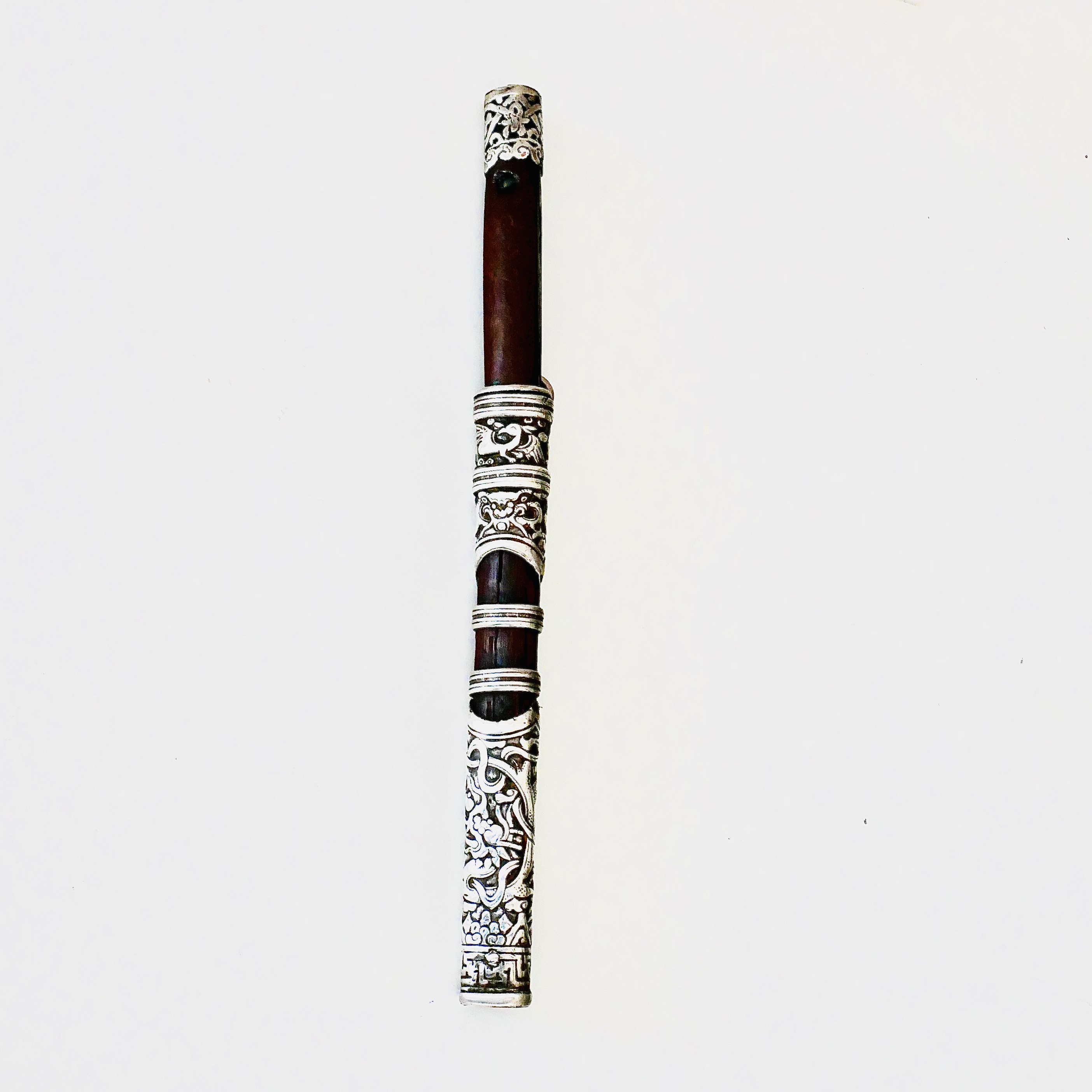 Couteau de Prestige type Khet Khutga à Motifs Auspicieux, Argent et Bois, Chine / Mongolie, fin 19e - début 20e