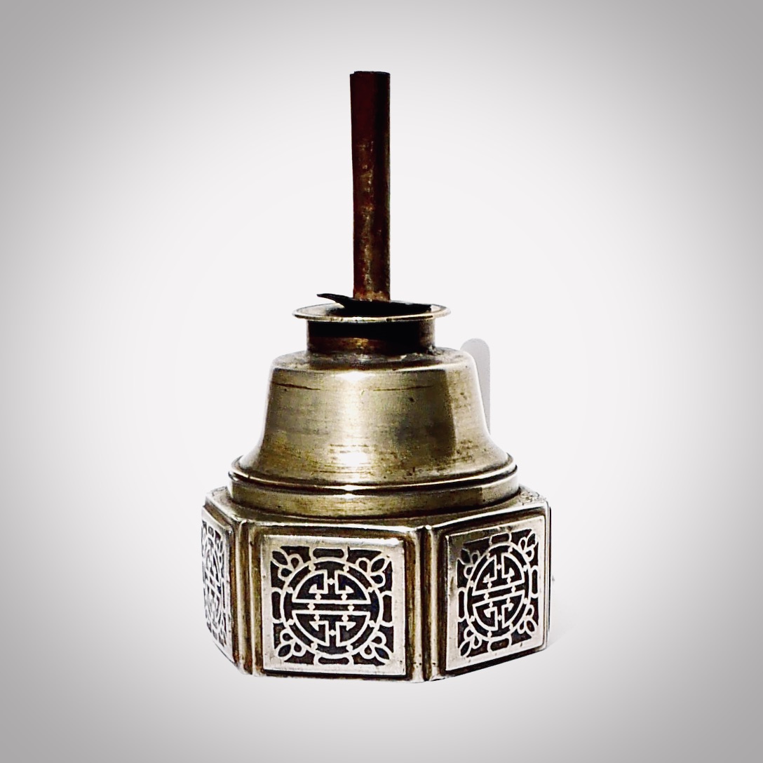 Paktong and Enamel Opium Lamp, Shou and Bat Motifs, China, Late 19th Century (Qing Dynasty)